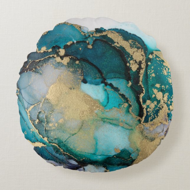 Teal Black Guld Alcohol Bläck Fluid Artabstract,ar Rund Kudde (Framsidan)