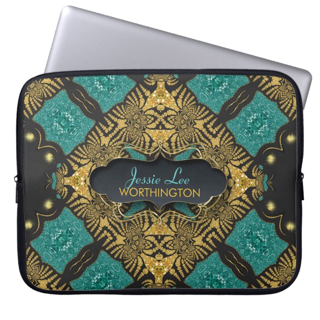 Teal & Black Guld Arabesque Tribal Laptop sleeve (Framsidan)