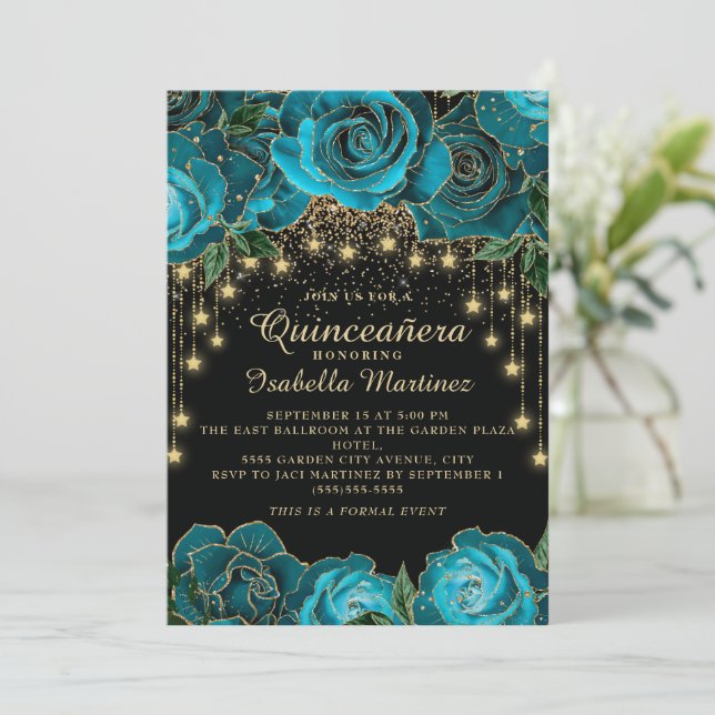 Teal Black Guld String Light Star Quinceañera Inbjudningar (Stående Fram)