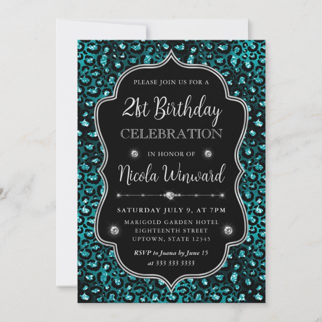 Teal & Black Leopard Spots Glitter Ram Birthday Inbjudningar (Framsida)