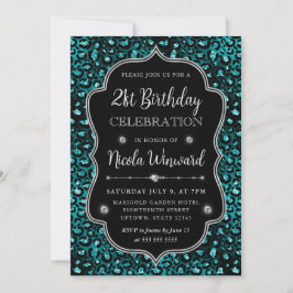 Teal & Black Leopard Spots Glitter Ram Birthday Inbjudningar