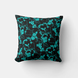 Teal & Black Modern Blommigt Flourish Mönster Kudde