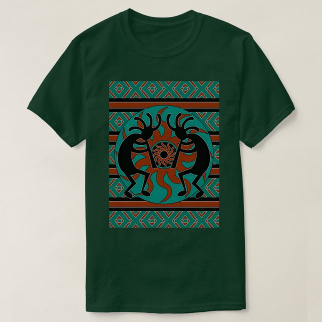 Teal Black och Brown Kokopelli Southwest Design  T Shirt (Design framsida)