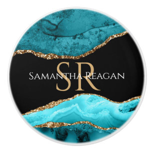 Teal, Black och Guld Agate, DIY Namn & Monogram Knopp