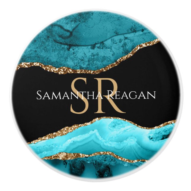 Teal, Black och Guld Agate, DIY Namn & Monogram Knopp (Framsidan)