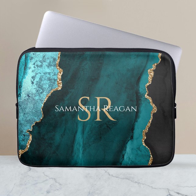 Teal, Black och Guld Agate, DIY Namn & Monogram Laptop Fodral (Skapare uppladdad)