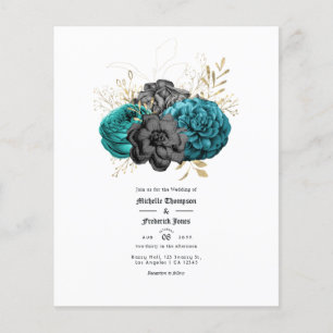 Teal, Black och Guld Blommigt Gothic Bröllop Flygblad