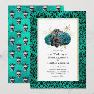 Teal, Black och Guld Blommigt Gothic Bröllop Inbjudningar