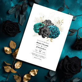Teal, Black och Guld Blommigt Gothic Bröllop Inbjudningar