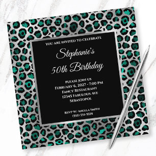 Teal Black och Silver Leopard Glam 50:e födelsedag Inbjudningar