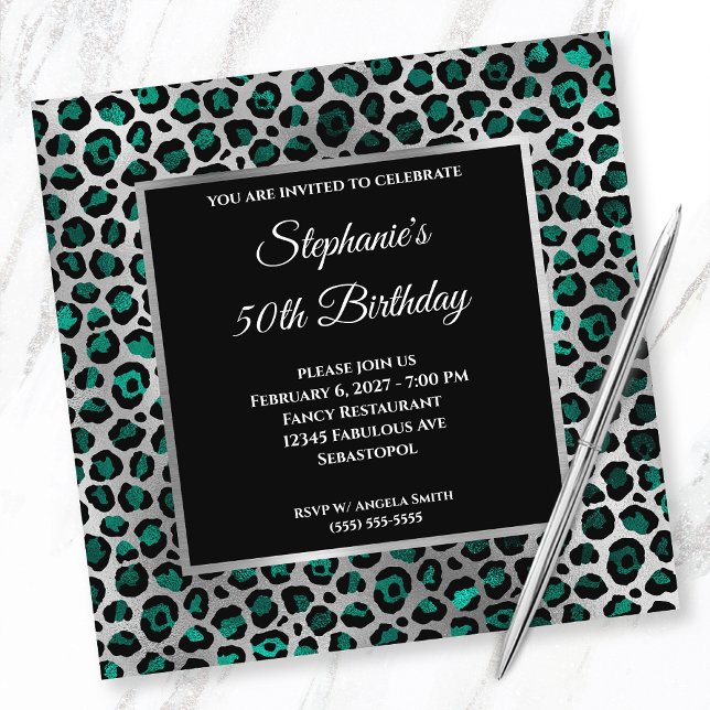 Teal Black och Silver Leopard Glam 50:e födelsedag Inbjudningar (Skapare uppladdad)