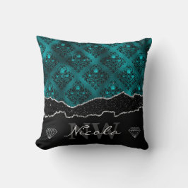 Teal & Black Ombre Glam Glitter Damask Monogram Kudde