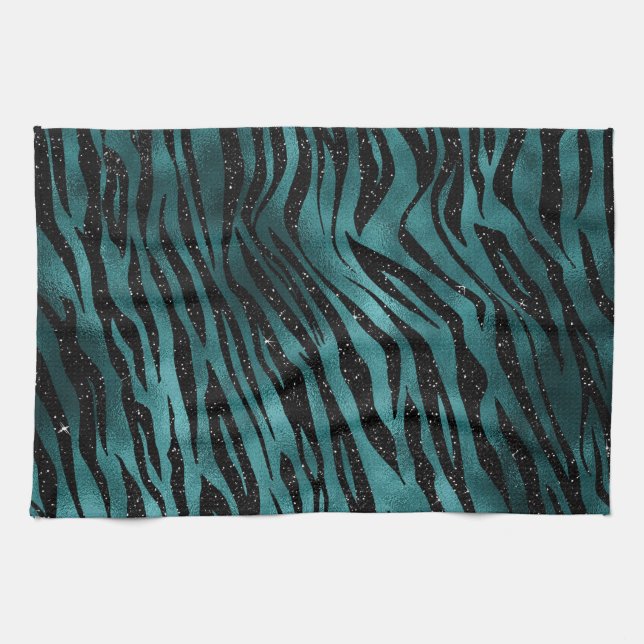Teal & Black Ombre Glam Glitter Tiger Rand Kökshandduk (Horisontell)
