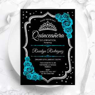 Teal Black Silver Elegant Quinceanera Inbjudningar