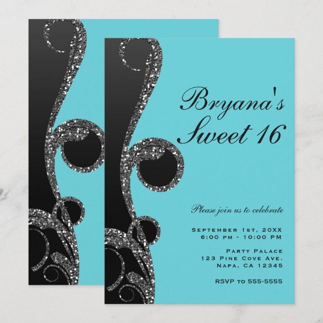 Teal & Black Silver Glitter Swirl Sweet 16 Party Inbjudningar (Fram/baksida)