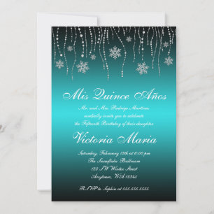 Teal Black Snöflingor Quinceanera Födelsedagsfest Inbjudningar