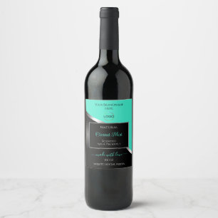 Teal Black Vågigt Silver med Logotyp produktetiket Vinflaska Etikett