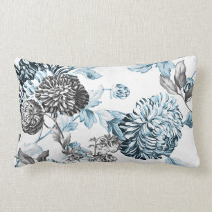 Teal Black & White botaniska Blommigtar Lumbarkudde