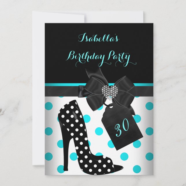 Teal Black White Heart Polka dots Heels Birthday Inbjudningar (Framsida)