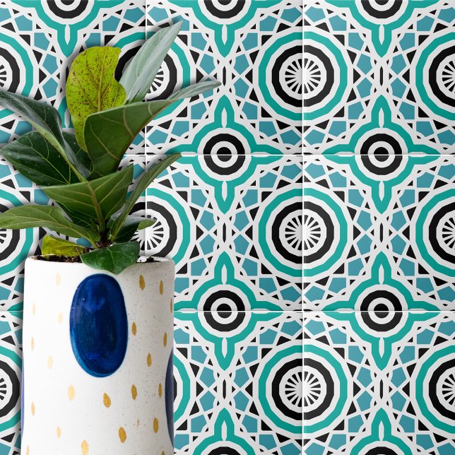 Teal Black & White Tribal Ethnic Geometric Mönster Kakelplatta (Skapare uppladdad)