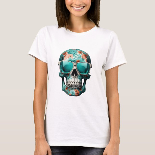 Teal Blommigt 3D Dead Skull med solglasögon T Shirt (Framsida)