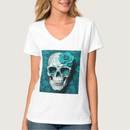 Teal Blommigt 3D Dead Skull med solglasögon T Shirt