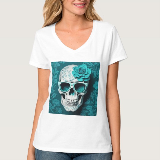Teal Blommigt 3D Dead Skull med solglasögon T Shirt (Framsida)