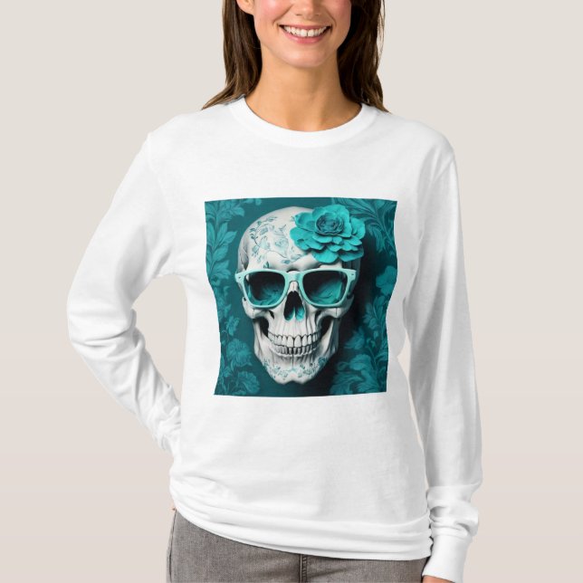 Teal Blommigt 3D Dead Skull med solglasögon T Shirt (Framsida)