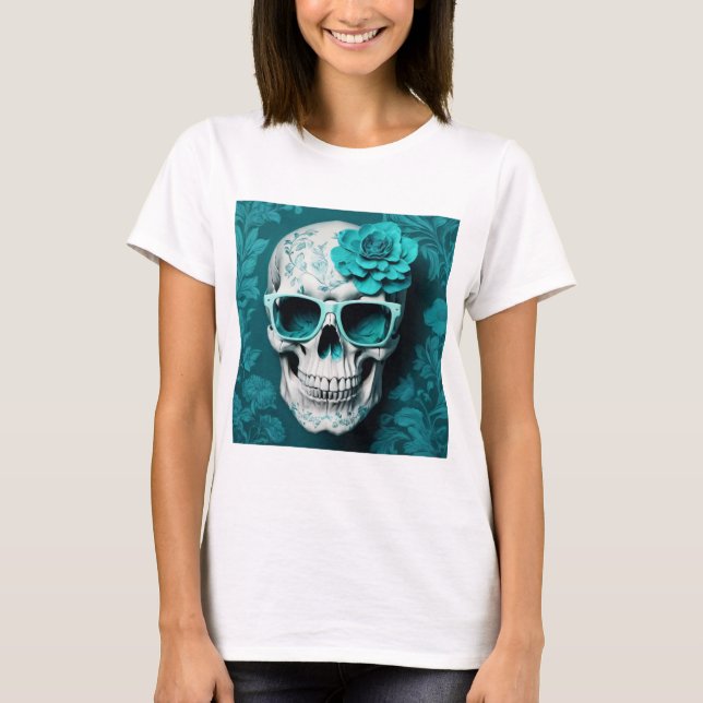 Teal Blommigt 3D Dead Skull med solglasögon T Shirt (Framsida)