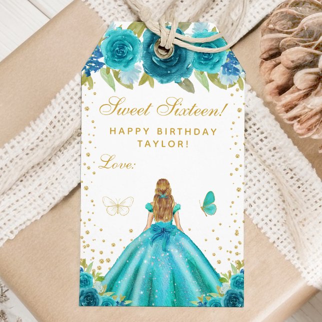 Teal Blommigt Blonde Hair Princess Sweet sixteen Presentetikett (Skapare uppladdad)