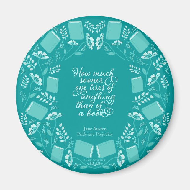 Teal Blommigt Bok Quote Jane Austen Magnet (Framsidan)