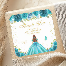 Teal Blommigt Brown Hair Princess Födelsedagsfest Fyrkantigt Klistermärke