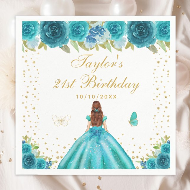 Teal Blommigt Brown Hair Princess Födelsedagsfest Pappersservett (Skapare uppladdad)