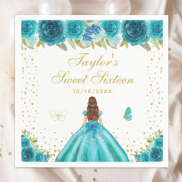 Teal Blommigt Brown Hair Princess Sweet sixteen Pappersservett
