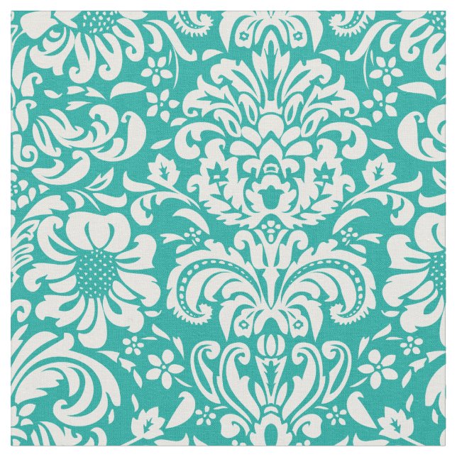 Teal Blommigt Damask Tyg (Närbild)