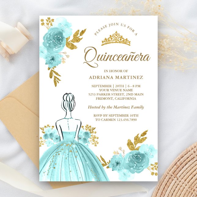 Teal Blommigt Dress Princess Guld Quinceanera Inbjudningar (Skapare uppladdad)