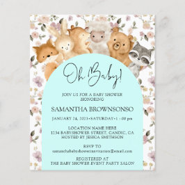 Teal Blommigt Forest Animals Oh Baby Shower Budget Flygblad
