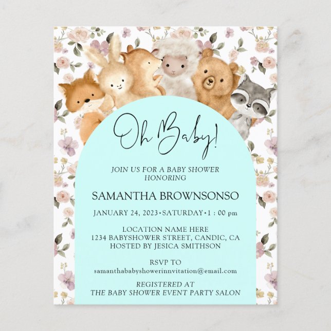 Teal Blommigt Forest Animals Oh Baby Shower Budget Flygblad (Framsidan)
