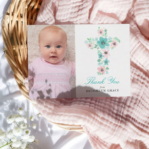 Teal Blommigt Kor Baptism/Christening Tack Vykort