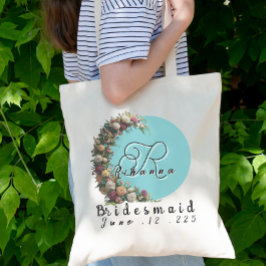 Teal Blommigt Monogram Tote Bag | Brudens sida Tygkasse