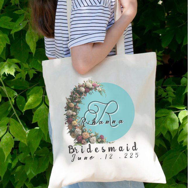 Teal Blommigt Monogram Tote Bag | Brudens sida Tygkasse (Skapare uppladdad)