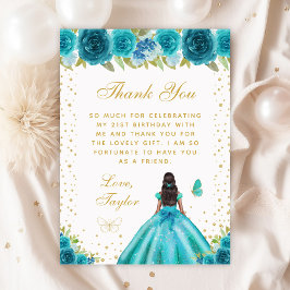 Teal Blommigt Mörk Skin Princess Födelsedagsfest Tack Kort