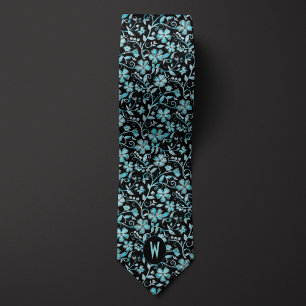 Teal Blommigt på Black Neck Tie Slips