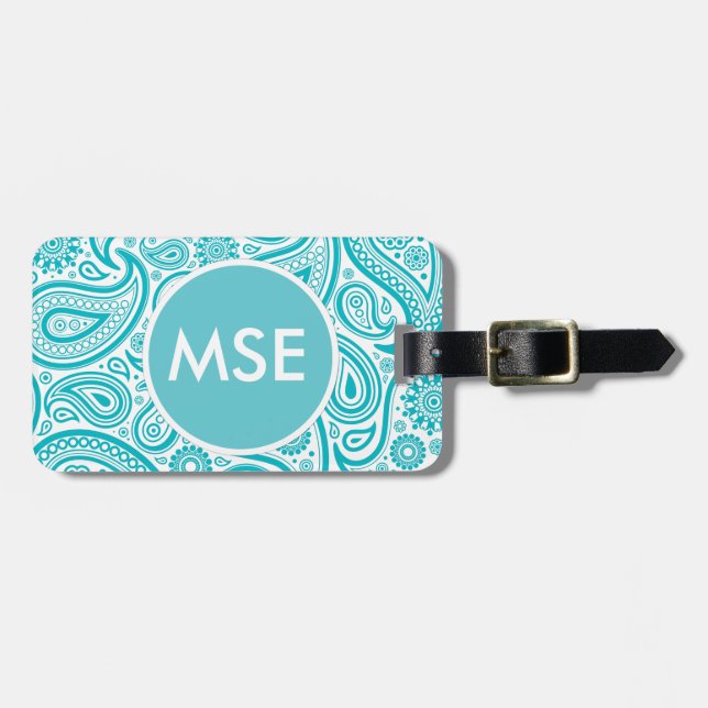 Teal Blommigt Paisley Monogram Mönster Bagagebricka (Horisontell Framsida)