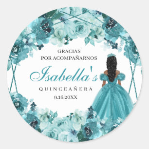 Teal Blommigt Quinceanera Classic Round Sticker Runt Klistermärke