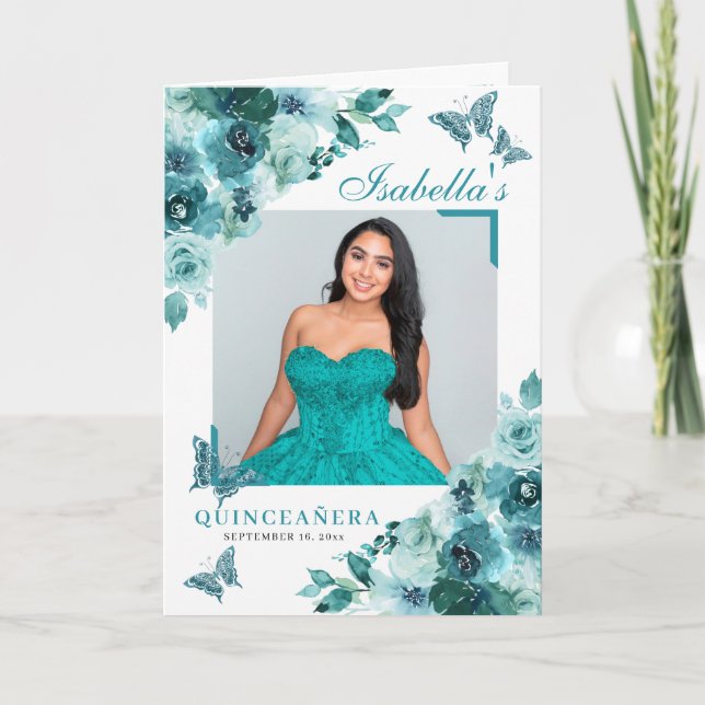 Teal Blommigt Quinceanera Tiara Butterflies Program (Framsida)