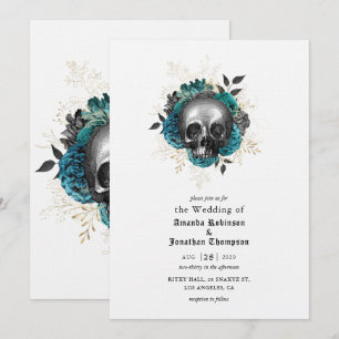 Teal Blommigt Skull Halloween Gothic Bröllop Inbjudningar
