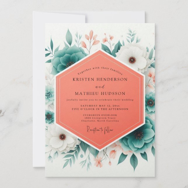 Teal Bloom Romantic Wedding Inbjudningar (Framsida)