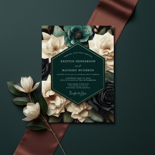 Teal Bloom Romantic Wedding Inbjudningar (Skapare uppladdad)