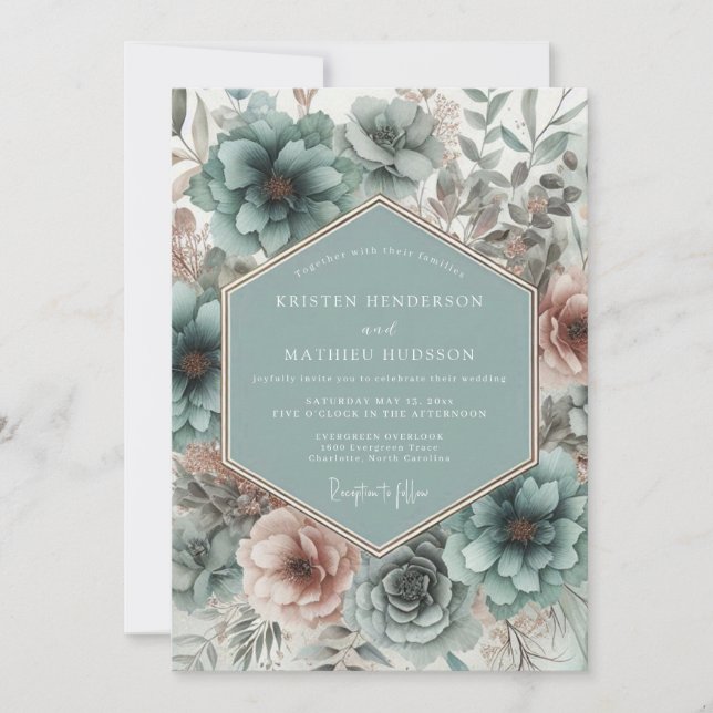 Teal Blossom Romantiskt Bröllop Inbjudningar (Framsida)